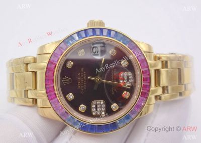 NEW ROLEX OYSTER PERPETUAL PEARLMASTER YELLOW GOLD WATCH PURPLE FACE